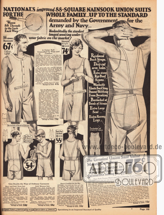 Leichte, angenehm zu tragende Hemdhosen (engl. „union suits“) für die ganze Familie.
Die Hemdhosen bestehen aus Nainsook (leichtes Musselin, Baumwollstoff) und besitzen eine Knopfleiste in der Front zum leichteren Anziehen. Wie rechts gezeigt, sind die Hemdhosen im Rücken verstärkt, haben tiefe Armausschnitte, verstärkte Säume sowie ein elastisches und waschbares Rückenband.