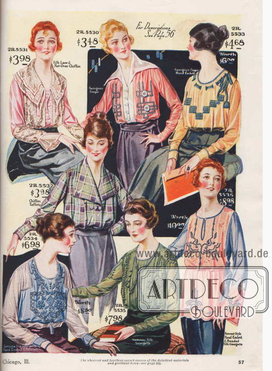 Sechs elegante und fein gearbeitete Damenblusen und eine lange Tunika-Bluse aus Seiden-Spitze und Chiffon, „Georgean Crepe“ (sehr ähnlich Georgette Krepp), gemustertem Chiffon-Taft oder Seiden-Georgette.
Die Modelle sind mit Spitzen- und Netzstoffen, Bändern, Biesen-Applikationen, Hohlnähten, Stickereien oder auch Perlstickereien aufgemacht. Die meisten Blusen sind kragenlos, einzelne besitzen breite Matrosenkragen.
