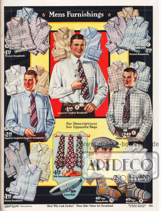 Schicke Anzughemden aus bedrucktem Breitgewebe, importiertem englischen Breitgewebe, bedrucktem Jacquard-Breitgewebe und Breitgewebe Krepp mit angenähten Kragen für Herren.
Neben den Anzughemden werden auch bunt gemusterte Krawatten aus Seide oder Satin, einem Gürtel mit Nickelschnalle, einer Schiebermütze aus Wolle sowie farbig gemusterte Herrensocken aus merzerisierten Baumwollgarnen angeboten.