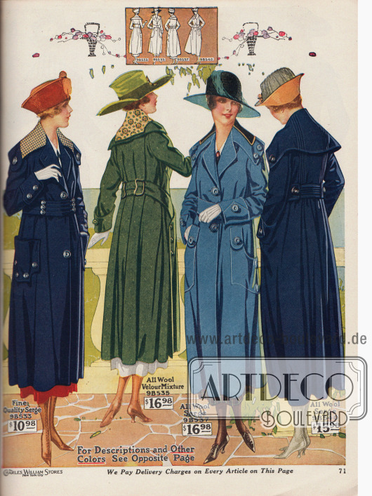 Vier Frühjahrsmäntel aus Woll-Baumwoll-Serge, Woll-Velours-Mischgewebe sowie reinem Woll-Serge für Damen. Erhältlich sind die Mäntel in Schwarz, Marineblau, Grün oder „French Blue“ und „Liberty Blue“ (beide Farben Mittelblau).
Breite Gürtel, viele große Zierknöpfe, weit ausladende Kragen sowie große aufgesetzte oder eingearbeitete Taschen sind modisch. Bei drei Mänteln wurden die Kragen mit Überkragen in farblich abstechenden, hellen Mustern besetzt. Die Mäntel sind etwas kürzer als die Kleider geschnitten. Alle Modelle sind ungefüttert.