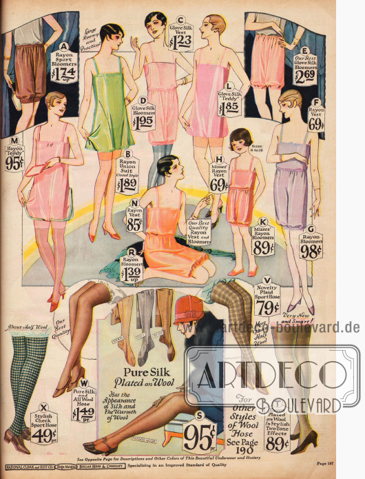 Damenunterwäsche aus Rayon und Seide in Rosa, Grün, Orange, Lila und Braun.
Zu sehen sind Hemdhöschen, sog. „Teddies“ (B, L, M), Hemden und Pumphöschen.
Unten im Bild sind Strümpfe aus Seide und Rayon und Strümpfe mit Musterung für sportliche Aktivitäten.