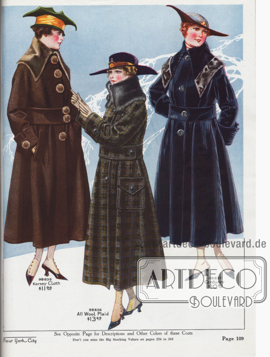 Damenmäntel für die kalten Wintermonate aus braunem Woll-„Kersey Cloth“ (Material mit mittlerer Dicke und Beimischung von Baumwolle mit leicht genoppter Oberfläche), grau kariertem Wollgewebe und marineblauem, leicht schimmerndem breit geripptem Samtkord.
Der breite ausladende Kragen sowie die Knöpfe des ersten Mantels sind mit Nutriafell (Bieberratte) verbrämt. Die Taschen sind schräg eingearbeitet. Der mittlere Mantel zeigt einen mit Kaninchenfell besetzten Kragen. Die große Tasche mit ebenfalls großer Klappe ist aufgenäht. Der Kragen des dritten Mantels ist mit einem breiten Streifen grauen Maulwurfsfells verschönt.