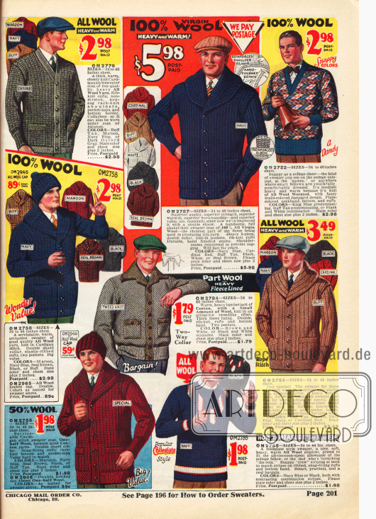 Strickjacken (Cardigans), Blousons und Pullover für Männer aus Wollstoffen und teilweise aus Baumwolle für Sport und kaltes Wetter.