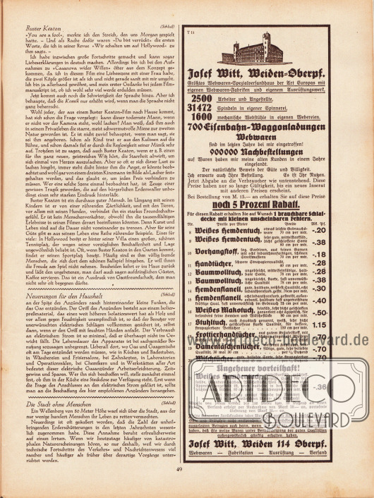 Artikel:
O. V., Buster Keaton. Der Komiker, der niemals lacht;
O. V., Neuerungen für den Haushalt;
O. V., Die Stadt ohne Menschen.
Werbung:
Josef Witt, Weiden 114 Oberpfalz.