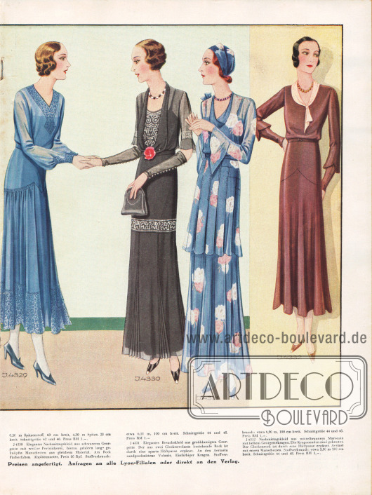 4329: Teekleid aus Georgette und gleichfarbigem Spitzenstoff. Hieraus bestehen die Passe, der Rockansatz und die Manschetten.
4330: Elegantes Nachmittagskleid aus schwarzem Georgette mit weißer Perlstickerei; hierzu gehören lange geknöpfte Manschetten aus gleichem Material. Am Rock Fächerfalten.
4331: Elegantes Besuchskleid aus großblumigem Georgette. Der aus zwei Glockenvolants bestehende Rock ist durch eine aparte Hüftpasse ergänzt. An den Ärmeln rundgeschnittene Volants. Einfarbiger Kragen.
4332: Nachmittagskleid aus mittelbraunem Marocain mit hellem Georgettekragen. Die Kragenenden sind geknotet. Der Glockenrock ist durch eine Hüftpasse ergänzt. Ärmel mit engen Manschetten.