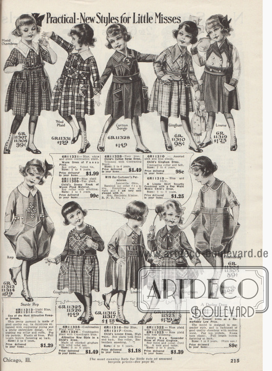 „Praktisch-neue Kleider für kleine Damen“ (engl. „Practical-New Styles for Little Misses“).
Schicke Kleidchen für 2 bis 6-jährige Mädchen aus karierten und unifarbenen Stoffen wie Chambray, Wollgewebe, Baumwoll-Serge, Gingham, Leinen oder „Rep“, einem gerippten Woll- oder Baumwollgewebe.
Links sowie rechts unten befinden sich zwei sackartige Spielanzüge mit Pumphöschen (engl. „Romper Dress“) aus widerstandsfähigem Rep oder Chambray. Kleine Stickereien, helle oder farblich abstechende Garnituren sowie aufgesetzte kleine Taschen hübschen die Modelle auf.