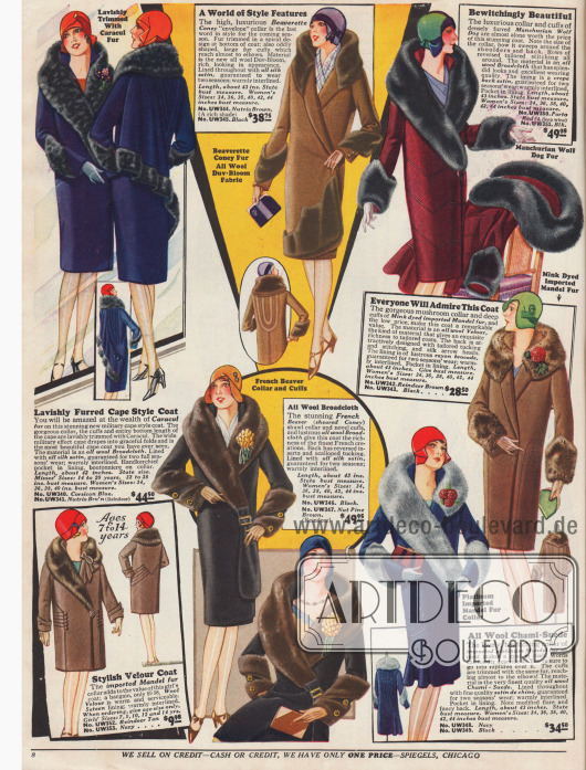 Damenwintermäntel und ein Modell für Mädchen in verschiedenen Brauntönen, Dunkelrot, Tiefblau oder Schwarz. Alle Mäntel sind aus reinen Wollstoffen wie Breitgewebe oder Woll-Veloursleder hergestellt. Unterschiedlich gefärbte Kaninchen-, Wolfs- oder Karakulschafspelze wurden großzügig Verarbeitet. Die gehobene Qualität und Verarbeitung schlägt sich in den Preisen nieder, die zwischen 28,50 und 49,95 Dollar rangieren.