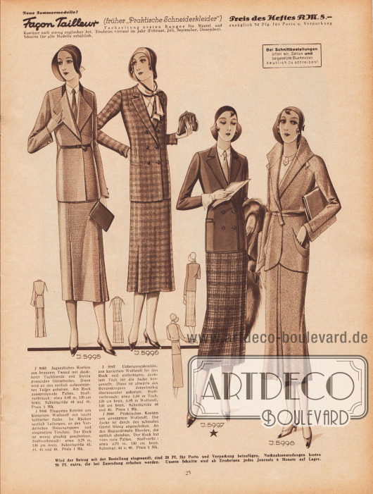 5995: Jugendliches Kostüm aus braunem Tweed mit dunklerer Tuchblende und hierzu passenden Gürtelteilen. Diese sind an den seitlich aufgesteppten Teilen gehalten. Am Rock ausspringende Falten.
5996: Elegantes Kostüm aus kariertem Wollstoff mit leicht taillierter Jacke. Im Rücken seitlich Teilungen, an den Vorderteilen Biesengruppen und eingesetzte Taschen. Der Rock ist wenig glockig geschnitten.
5997: Übergangskostüm, aus kariertem Wollstoff für den Rock und einfarbigem, dunklem Tuch für die Jacke hergestellt. Diese ist abwärts des Reverskragens doppelreihig übereinander geknöpft.
5998: Praktisches Kostüm aus genopptem Wollstoff. Die Jacke ist durch den schmalen Gürtel blusig angeschoben. An den Raglanärmeln Blenden, die seitlich abstehen. Der Rock hat vorn tiefe Falten.