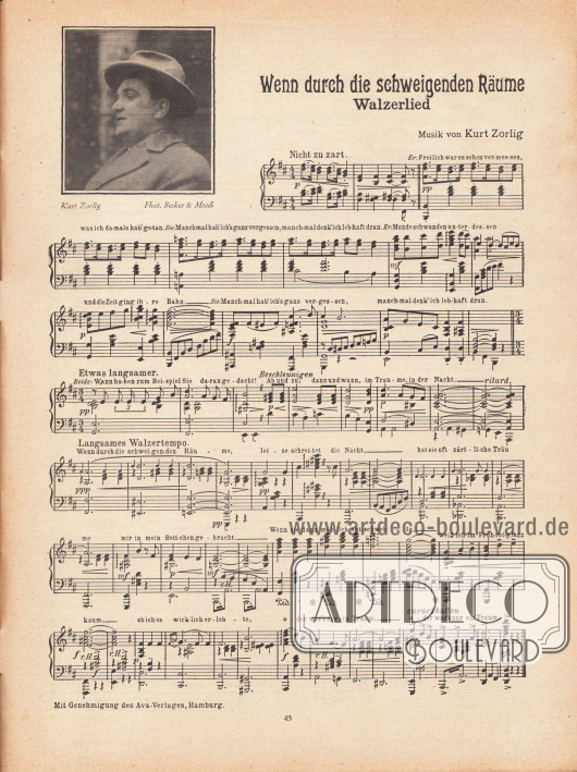 Musikbeilage der Modenschau mit der Melodie „Wenn durch die schweigenden Räume“ (Walzerlied). Text und Musik stammen vom Komponisten Kurt Zorlig (1893-1941, kleines Foto links oben).
Foto: Becker & Maaß, Berlin (1893-ca.1938).