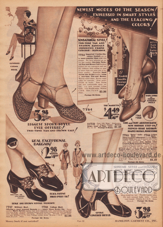 Pumps, Schnallenschuhe und Sommersandalen für Frauen und junge Damen. Die Damenschuhe sind aus schwarzem Lackleder oder beigem Rindsleder und des Öfteren mit helleren oder dunkleren Ledersorten kombiniert.
Oben links befindet sich ein aus der Tschechoslowakei importierter sommerlicher Sandalenpump aus luftdurchlässigem und hangeflochtenem Leder und zusätzlichen Perforationen. Die Schuhe sind mit hohen, schlanken Absätzen („spike heels“), Kubanischen Absätzen, militärischen oder auch niedrigen „college heels“ bestellbar.