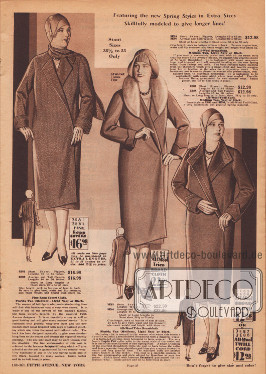 „Die neuen Frühlingsmoden geschickt für Übergrößen gearbeitet, um längere Linien zu erzielen!“ (engl. „Featuring the new Spring Styles in Extra Sizes Skillfully modeled to give longer lines!“).
Frühjahrsmäntel aus Rips, Woll-„Trico“-Breitgewebe und Woll-Breitgewebe für vollschlanke Damen.
Der erste Mantel, der ohne Gürtel auskommt, besitzt einen verlängerten Kragen mit Schalenden. Steppnähte formen im Rücken vertikale Linien und sind auch an den Manschetten zu finden. Schimmernder Jacquard dient als Mantelfutter. Der Rundkragen des zweiten Mantels ist mit Kaninchen („lapin fur“) verbrämt. Die Rückenpartie ist mit einem seitenverkehrt verarbeiteten Stoffpaneel gearbeitet und zeigt ebenfalls dekorative Steppnähte. Wie die anderen Mäntel ist auch das dritte Modell gürtellos. Kunstvolle Stepperei ziert die spitzen Ärmelaufschläge, den Kragen und die Rückenpartie. In der Mantelinnenseite befindet sich eine praktische Tasche.