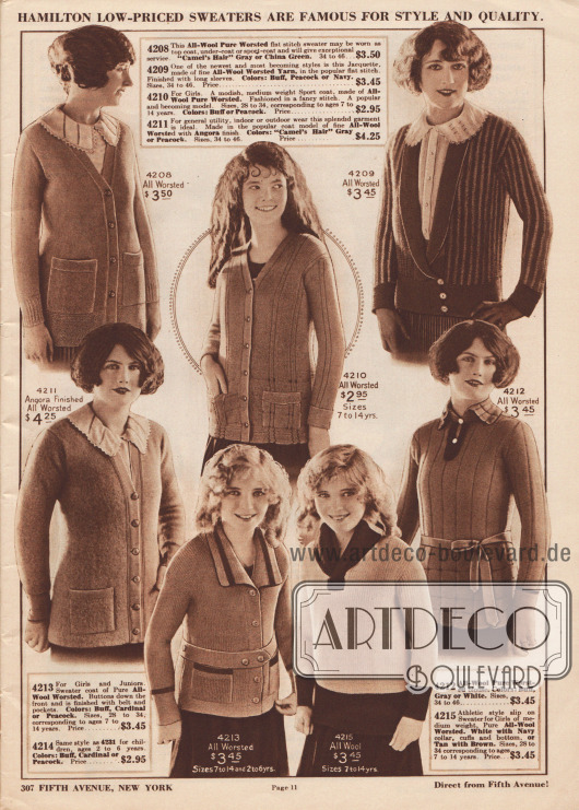 Pullover, Strickpullover (engl. „cardigan“) und gestrickte Kasaks aus Wolle, Angorawolle oder Kammwolle für Frauen und Mädchen. Viele Pullover besitzen praktische Taschen.