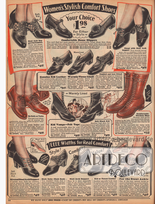 „Schicke, bequeme Schuhe für Damen“ (engl. „Women’s Stylish Comfort Shoes“).
Damenschuhe, hauptsächlich Oxford-Modelle, aus Chevreauleder (Ziegenleder) mit niedrigen oder flachen Absätzen für ältere Damen, Frauen und junge Mädchen, die Wert auf angenehmen Tragekomfort legen.
In der Mitte rechts wird ein Paar-Stiefel aus Rothirschleder mit Mokassin-Rundnaht angeboten, ideal zum Wandern in der freien Natur.
Unten werden Damenschuhe mit extrabreiter Sohle und Stahlzunge zur Stützung des Fußgewölbes offeriert.
