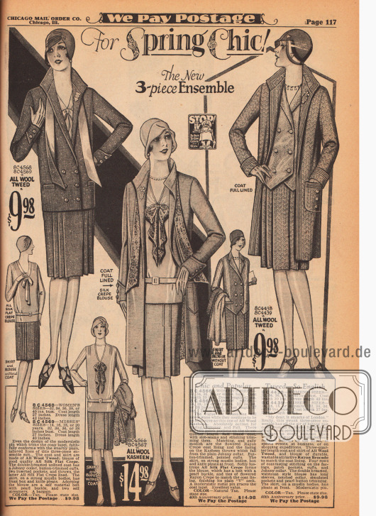 Doppelseite mit 4 betont maskulinen Kostümen (links) aus Woll-Poiret-Twill, Woll-Twill und Woll-Kord, ein Kostüm Ensemble (5. Modell) aus Woll-Tweed und 2 Ensembles (rechts) aus Woll-Kaschmir und Woll-Tweed.