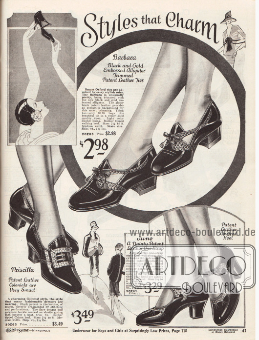 „Mode die bezaubert“ (engl. „Styles that Charm“).
Mondäne Damenschuhe aus schwarzem Lackleder kombiniert mit Leder mit Alligator Narbung. Die Schuhe zeigen niedrige oder kubanische Absätze (leicht geschwungene, mittelhohe, dicke Absätze). Die beiden oberen Modelle sind Oxfords, das Modell rechts unten ist ein Schuh mit Riemchen. Das Schuhpaar links unten ist im Kolonialstil mit Schnalle aufgemacht und zeigt Stickerei und Zierperforation.