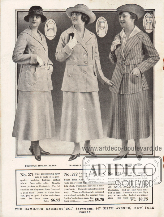 Einfache und günstige Kostüme für sportliche Aktivitäten aus leicht schimmerndem Mohairgewebe (Wolle der Angoraziege) und zwei Modellen aus „beach cloth“ (ein dünnes, leichtes Mohairgewebe).
Die Jacke des ersten Kostüms besitzt zwei kleine Brusttaschen sowie zwei interessant geformte Schoßtaschen. Die zweite Kostümjacke lehnt sich sehr stark dem sportlichen Stil der Norfolk-Anzüge für Herren an. Vorne und im Rücken sind jeweils zwei Laschen angearbeitet. Der Kragen des dritten Modells ist abnehmbar. Allen Modellen gemein sind die tiefen und breiten Matrosenkragen.