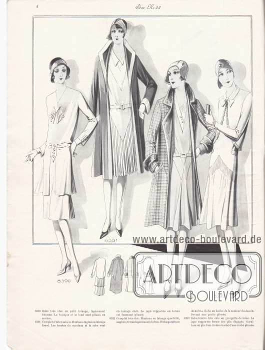 8390: Robe très chic en petit lainage, légèrement blousée. La tunique et le fond sont plissés en arrière.
8391: Complet d’inter-saison. Manteau-raglan en lainage foncé. Les bandes du manteau et la robe sont en lainage clair. La jupe rapportée en forme est finement plissée.
8392: Complet très chic. Manteau en lainage quadrillé, anglais; forme légèrement cintrée. Riche garniture de nutria. Robe en kasha de la couleur du dessin. Devant une partie plissée.
8393: Robe-boléro très chic en georgette de laine. La jupe rapportée forme des plis dégagés. Garniture de plis fins. Boléro bordé d’une ruche plissée.