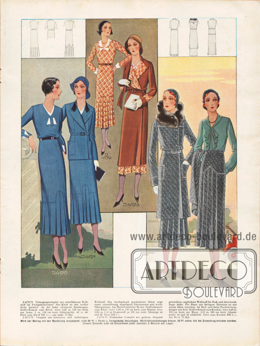 4170/71: Übergangscomplet aus mittelblauem Wollstoff im Fischgrätenmuster. Das Kleid ist mit weißer Seide garniert. An der Jacke schwarzer Samtkragen.
4172/73: Complet aus kariertem und einfarbigem Wollstoff. Das durchgehend geschnittene Kleid zeigt einen zinnenförmig angefügten Faltenansatz und weiße Pikeegarnitur. Am Mantel karierter Besatz.
4174/75: Praktisches Complet aus grobem, diagonal gestreiftem, englischem Wollstoff für Rock und dreiviertellange Jacke. Die Bluse aus farbigem Marocain ist mit einem Jabot versehen. An Rock und Jacke Passenteilung. Kragen aus Seal.