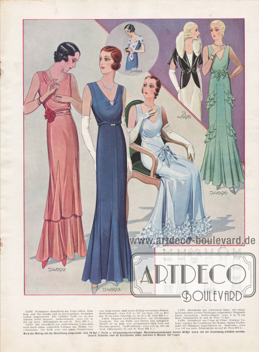 Vornehme Abendkleider 1931. Links ein Tunikakleid. Rechts zwei Modelle mit Rüschen und Volants.