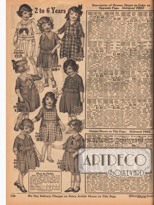 Weit geschnittene Kleidchen für 2 bis 6-jährige Mädchen. Die Kleider sind aus Leinen, Rep (Stoff in Ripsbindung, meist Baumwolle), grob kariertem Gingham und Perkal.
Feine Stickereien, aufgesetzte Taschen, farblich abstechende Garnituren, Schleifen, Zierknöpfe und eingearbeitete Falten sorgen für unterschiedliche Akzente. Ein Modell im Matrosenstil.