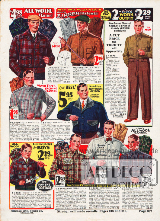 Ein Blazer (dt. Sportjacke) und ein Lumberjack (dt. Holzfällerjacke) aus kariertem Woll-Flanell und Wollmischstoff für Männer und Jungen sowie Arbeits- und Flanellhemden aus Englischleder, Woll-Velours und Woll-Flanell. Oben rechts wird ein zweiteiliges Arbeitsoutfit bestehend aus Flanellhemd und Hose beworben.