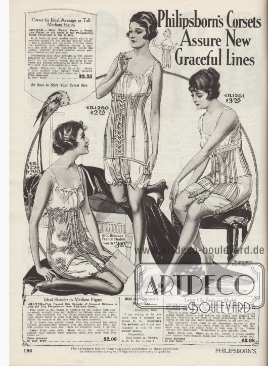 „Philpsborns Korsetts sorgen für neue anmutige Linien“ (engl. „Philpsborn’s Corsets Assure New Graceful Lines“).
Drei Korsetts für Damen mit schlanker bis mittlerer Figur (links), für hochgewachsene Damen mit durchschnittlicher Figur (Mitte) oder Frauen mit starken Hüften (rechts).
Die Korsetts sind mit Metalldrähten aufgebaut und mit gemustertem Seiden-Brokat oder Coutil (robuster Baumwollstoff) bezogen. Elastische Einsätze ermöglichen bequemen Sitz und leichte Bewegungen. Zwei Modelle werden über Haken und Ösen geschlossen und eines geschnürt. Alle Korsetts mit Strumpfbandhaltern.