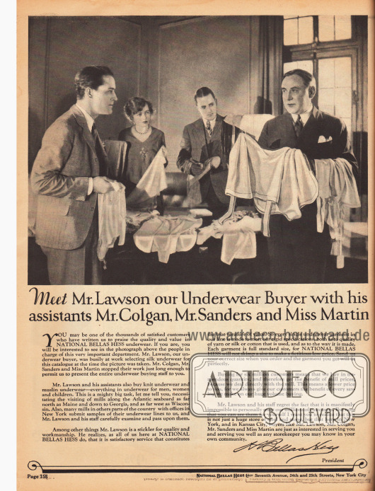 „Treffen Sie Mr. Lawson unseren Unterwäsche Einkäufer mit seinen Assistenten Mr. Colgan, Mr. Sanders und Miss Martin“ (engl. „Meet Mr. Lawson our Underwear Buyer with his assistants Mr. Colgan, Mr. Sanders and Miss Martin“).
Die Vorstellung der Einkäufer soll den sechs Millionen überwiegend weiblichen Kundinnen eine persönliche Bindung suggerieren, die räumliche Distanz überbrücken und somit Vertrauen zu National Bellas Hess Inc. schaffen.