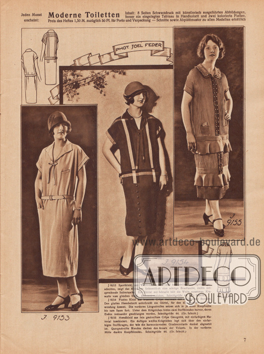 9153: Sportkleid, aus Wolltrikot oder Frotté herzustellen. Durchgehend geschnitten, zeigt das Kleidchen linksseitlich eine schräge Brusttasche, rechts entsprechende Seitentasche. Ein Gürtel mit Schnalle hält die Weste zusammen. Krawatte vom gleichen Stoff. Kimonoärmelchen.
9154: Flottes Kleid aus braunem Crêpe Marocain mit eingewebter Bordüre. Den glatten Hemdschnitt unterbricht ein Gürtel, für den die Bordüre zur Anwendung kommt. Die vorderen Längsstreifen setzen sich in je einer Knopfreihe bis zum Saum fort. Unter dem Krägelchen treten zwei Stoffblenden hervor, deren Enden ineinander geschlungen werden.
9155: Hemdkleid aus fein gestreiftem Crêpe Georgette, mit einfarbigem Material kombiniert. Ein duftiges weißes Krägelchen legt sich über den einfarbigen Stoffkragen, der wie die harmonierenden Glockenvolants dunkel abgesetzt ist. Quergestreifte Blenden decken den Ansatz der Volants. In der vorderen Mitte dunkle Knopfblenden.
Fotos: Joel Feder.