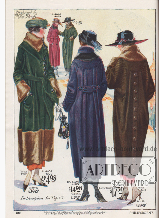 Herbst- und Wintermäntel aus Velours-Plüsch, „Silvertone“ (aufgeraut-wolliges Baumwoll-Woll-Mischgewebe) und Velours Kord. Die äußeren Mäntel sind mit Webpelz in Biberoptik an Kragen, Ärmeln und Saum verbrämt.
Der erste Mantel in Dunkelgrün zeigt eine modifizierte Dolman Linie. Gürtel aus Mantelmaterial. Die Ärmel sind glockig geschnitten und die großzügig eingelassenen Beuteltaschen sind mit Knöpfen verziert. Geblümtes Satin dient als Mantelfutter.
Auch der mittlere Mantel ist eine Variation des Dolmans. Dieser ungefütterte Mantel in Dunkelblau zeigt eine runde Schulterpasse, an der die Rückenpartie in Falten angesetzt ist. Der Gürtel zeigt sich im Rücken, hält die Weite zusammen und tritt vorne wieder hervor. Der konvertierbare Kragen ist mit Plüsch besetzt.
Der dritte Mantel im Dolman Stil präsentiert Raglanärmel und eine mit Knöpfen verzierte Falte im Rücken. Weite Ärmel und eingelassene Schlitztaschen.