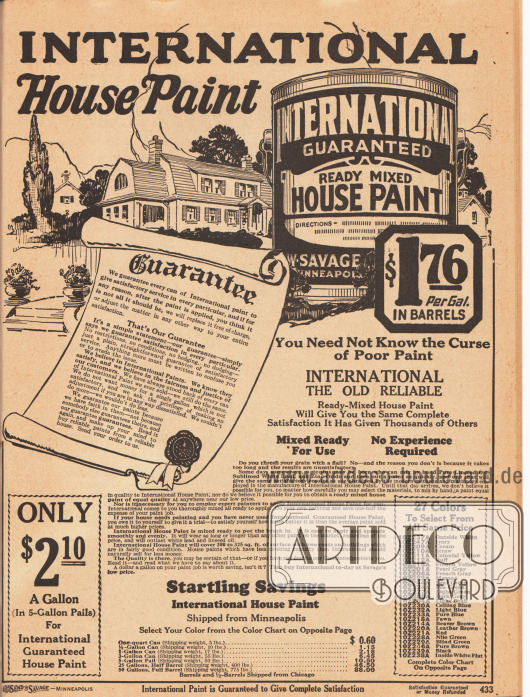 Farbe zum Streichen von Wohnhäusern der Marke International Paint. Die Hausfarbe ist in 27 Farben erhältlich (Kasten rechts unten). Die Preise beziehen sich auf eine amerikanische Gallone (= 3,79 Liter).