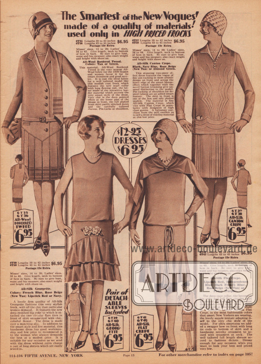 Mondäne Damenkleider und sommerliche Nachmittagskleider aus Woll-Tweed, Seiden-Georgette und Seiden Krepp. Alle Kleider sind zum Einzelpreis von 6,95 Dollar bestellbar.
Das erste Modell oben links zeigt einen punktuell verlängerten Schalkragen und Biesen an den Schultern. Saum und Schal sind mit farblich abstechender Borte garniert. Das leichte Nachmittagskleid unten links besitzt abnehmbare Ärmel und zeigt einen doppelten, bogig angesetzten Volantrock, der oberhalb mit Stoffblüten verziert ist. Das Modell rechts daneben zeigt einen tief angesetzten Glockenrock, lose fallende Bänder und ein breites, geteiltes Cape. Das Kleid oben rechts präsentiert kunstvolle Biesengarnierung.