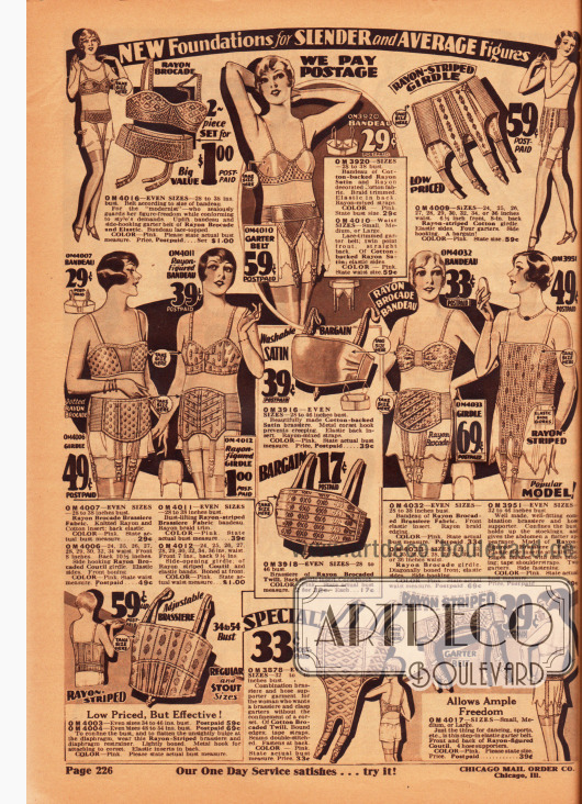 Büstenhalter und Hüfthalter sowie Kombinationen aus beiden für schlanke und durchschnittliche Frauenfiguren. Die Hüfthalter und Bustiers sind mit elastischen Materialien kombiniert und aus gemustertem Rayon-Brokat, Baumwoll-Rayon-Satin, Rayon-Baumwolle und Rayon-Coutil. Alle Hüftgürtel besitzen angearbeitete Strumpfbandhalter.