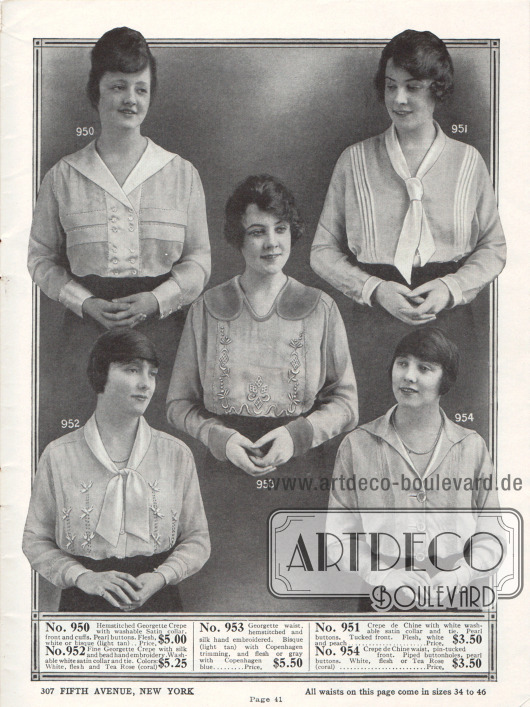 Blusen aus Georgette Krepp und Crêpe de Chine mit Satin Garnituren. Die Blusen zeigen Perlmuttknöpfe (Modell 950, 951, 954), Hohlsäume (950), handgearbeitete Stickereien (952, 953) und Biesen (951, 954). Bei zwei Blusen werden die verlängerten Kragenenden vorne wie Krawatten zusammengebunden.