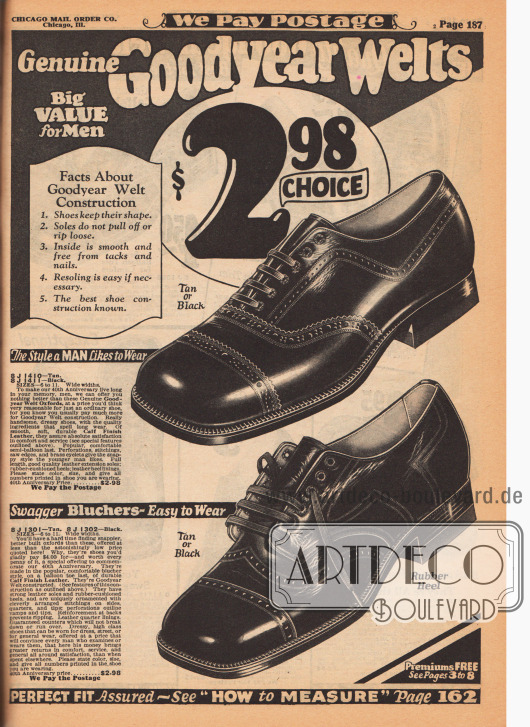 „Echte Goodyear Welt Herrenschuhe“ (engl. „Genuine Goodyear Welts“).
Herrenschuhe (Oxfords) mit quadratisch kantigen Kappen aus hellbraunem oder wahlweise schwarzem Kalbsleder für jeweils 2,98 Dollar. Oben ist ein Oxford abgebildet, unten ein Derby, der hier fälschlicherweise als „Swagger Blucher“ angeboten wird. Die Schuhe sind sogenannte „Quarter Brogues“ mit einer zurückhaltenden Lochlinienverzierung an den Nähten und ohne Lochverzierungen auf den Kappen. Die Schuhe sind zudem echte „Goodyear Welts“, d.h. mit dem Rahmen vernäht statt geklebt und deshalb besonders lang haltbar.