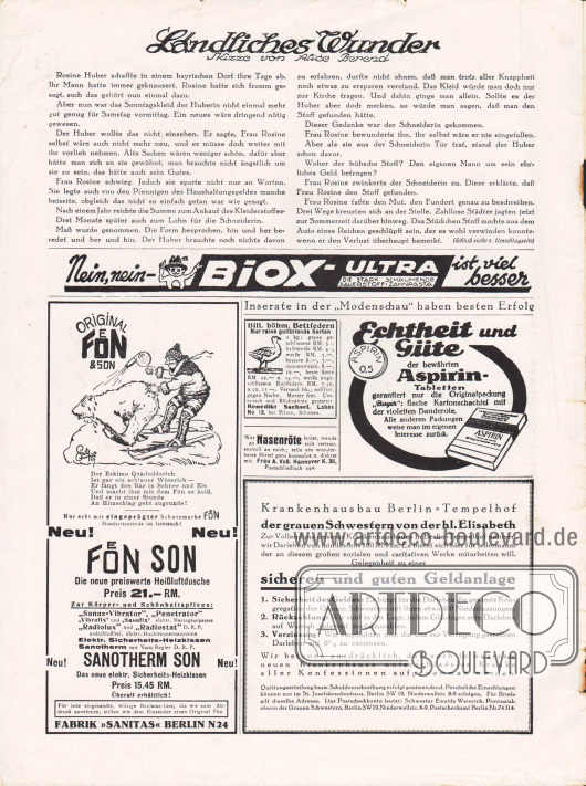 Artikel:
Berend, Alice, Ländliches Wunder.
Werbung:
Biox-Ultra, Sauerstoff Zahnpasta;
Fön & Son, Fabrik „Sanitas“ Berlin N24;
Bill. Böhm. Bettfedern, Benedikt Sachsel, Lobbes No. 13, bei Pilsen, Böhmen;
Gegen Nasenröte, Frau A. Voß, Hannover K. 36;
Aspirin Tabletten, Bayer;
Verzinsliches Darlehen für den Krankenhausbau Berlin-Tempelhof