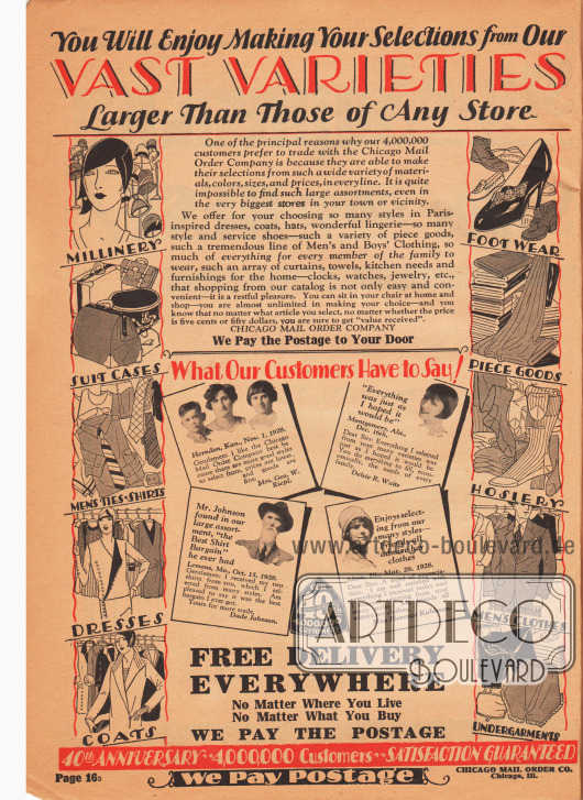 „Sie werden es genießen aus unserer enormen Auswahl auszuwählen – größere Auswahl als in jedem anderen Geschäft“ (engl. „You Will Enjoy Making Your Selections from Our VAST VARIETIES – Larger Than Those of Any Store“).
Die Firma Chicago Mail Order weist hier zum 40. Jubiläum darauf hin, dass 4.000.000 Kunden aus den ganzen USA bei dem Unternehmen Kleidung, Textilien und Schuhe kaufen würden. Porto und Versand waren für die Kunden frei und kostenlos.
Im Zentrum der Seite befinden sich Testimonials mit Fotos von zufriedenen Kunden (engl. „What Our Customers Have to Say!“). Die Empfehlungen sind von Mrs. Geo. W. Riepl. aus Herndon, Kansas; Delsie R. Waits aus Montgomery, Alabama; Dade Johnson aus Lemons, Missouri sowie Miss Florence Kuhlman aus Alton, Illinois.