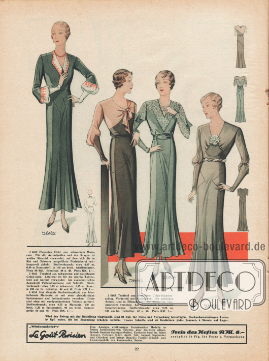 Elegante Teekleider und Nachmittagskleider.
Die verwendeten Stoffe sind (v.l.n.r.): Marocain, Crêpe-Satin, Marocain und Crêpe-Hammerschlag. Gepuffte Ärmel, zwischen genähte Garniturteile und Volants geben den Ärmeln abwechslungsreiche Kleidsamkeit.