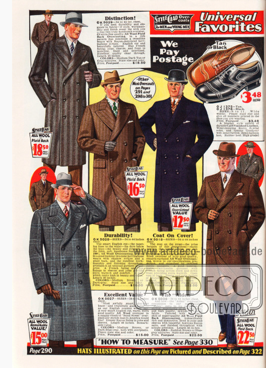 Ausschließlich zweireihige Paletot Mäntel für Männer aus reinen Wollstoffen. Die Oberstoffe sind gestreift, fischgrätenartig, neutral oder grob kariert („Bond Street“ Musterung unten links). Preise liegen zwischen 12,50 und 22,50 Dollar. Oben rechts wird zudem ein Paar Herrenschuhe aus Kalbsleder beworben.