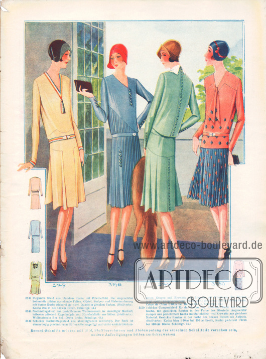 3147: Elegantes Kleid aus blondem Kasha mit Boleroeffekt. Die eingesetzten Seitenteile bilden abstehende Falten. Gürtel, Stulpen und Halseinrahmung mit bunter Kurbelstickerei garniert. Quaste in gleichen Farben.
3148: Nachmittagskleid aus pastellblauem Wollmarocain in einseitiger Machart, teilweise plissiert. Kugelknöpfe und Gürtelschließe aus Silber.
3149: Schickes Nachmittagskleid aus absinthgrünem Wollkrepp. Der Rock ist einem bogig geschnittenen Hüftensattel angefügt und bildet seitlich Glockenfalten. Kragen und Krawatte aus Lingerie mit Pikotkante. Der Rücken zeigt aparte Knopfverzierung.
3150: Schickes Composékleid für den Nachmittag. Plissierter Rock aus blauem Kasha, mit gestickten Rauten in der Farbe des Oberteils. Angesetzter Jumper aus pastellrotem Kasha mit Satteleffekt und Krawatte aus gleichem Material. Gestickte Rauten in der Farbe des Rockes dienen als Aufputz.