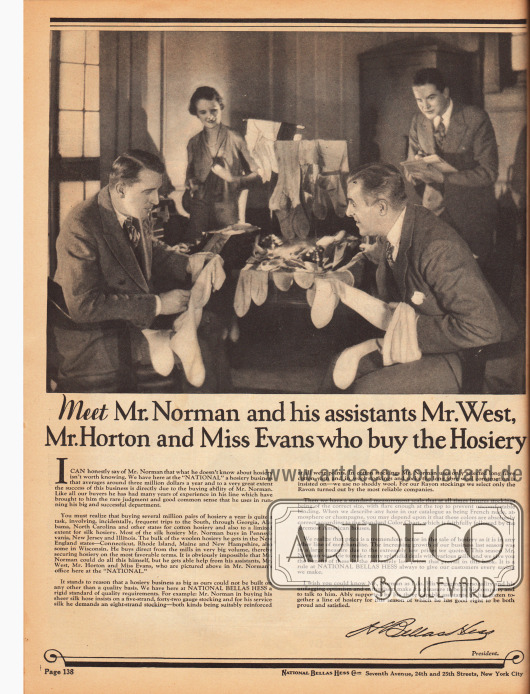 „Treffen Sie Mr. Norman und seine Assistenten Mr. West, Mr. Horton und Miss Evans, die die Strumpfwaren kaufen“ (engl. „Meet Mr. Norman and his assistants Mr. West, Mr. Horton and Miss Evans who buy the Hoisery“).
Auf dieser Seite wird die Einkaufsabteilung für Strumpfwaren bei National Bellas Hess Inc. vorgestellt, die jährlich für rund drei Millionen Dollar Strümpfe und Socken einkauft. Hier wird auch der Einkaufsprozess beschrieben und auch die Qualitätsstandards.
