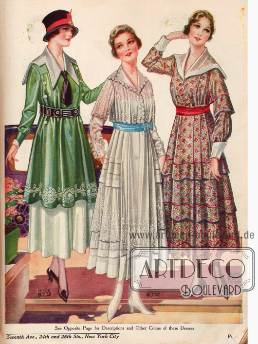 Mitte: Weißes Spitzenkleid mit Bolero-Effekt und blauem Taillenband. Äußere Kleider mit ausladenden Kragen. Rechtes Kleid in persischer Farbgebung.