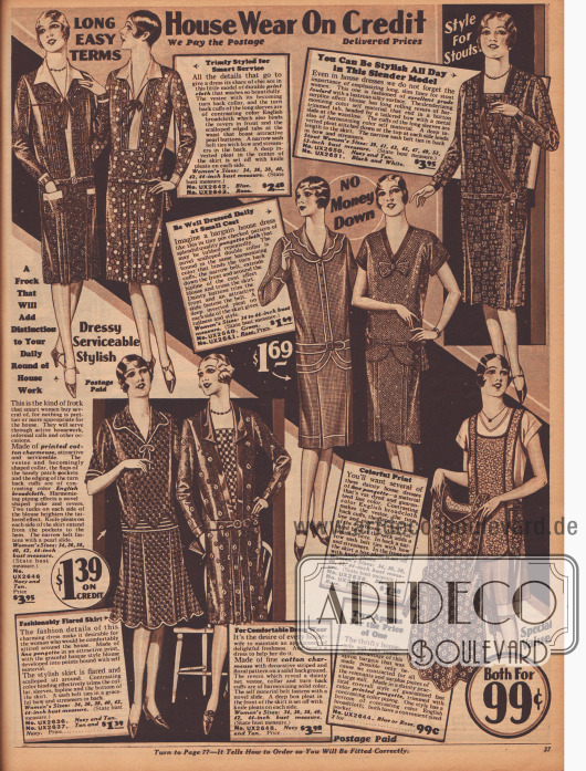 Doppelseite mit 16 Haushaltskleidern und Kitteln aus Baumwoll-Foulard, Breitgewebe, bedruckten Seidengeweben und bedruckten Baumwollgeweben. Die Preise rangieren zwischen 99 Cent und 3,75 Dollar.