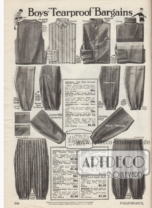 „‚Reißfeste‘ Schnäppchen für Jungen“ (engl. „Boys‘ ‚Tearproof‘ Bargains“).
Sportliche Pullovern aus Wolle oder Baumwoll-Jersey, Anzughemden aus gestreiftem Perkal oder schwarzem Satin mit Brusttaschen sowie kurze Kniebundhosen für Sport, Schule oder Freizeit aus Woll-Serge, Cord bzw. Kord, Cheviot-Wolle oder gestreiftem Woll-Mischgewebe. Die Pullover, Hemden und Hosen sind für 5 bis 16-jährige Jungen.