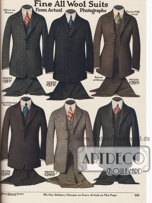 „Feinste Anzüge aus reiner Wolle in echten Fotografien“ (engl. „Fine All Woll Suits From Actual Photographs“).
Hochwertige einreihige Herrenanzüge aus reinen Wollstoffen, wie Kaschmirwolle, Kammgarn, Tweed und Cheviot. Die Stofffarben der Saison sind Olivgrün, Dunkelgrau, Braun oder Grün. Die Sakkos zeigen mal schwache, mal deutliche Taillierung. Abfallende, schmale Schultern und weich abrollende, kurze Revers sind die Kennzeichen der Herrenmode 1919. Nur ein Sakko wird auf drei Knöpfe geschlossen, alle anderen zeigen zwei Knöpfe. Steigende Revers sind in der Überzahl.