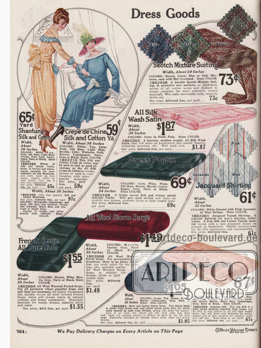 Stoffe zum Nähen von Kleidern wie Seiden-Baumwoll-Crêpe de Chine, Seiden-und Baumwoll-Shantung, schottischer Anzugstoff, reiner Seiden-Waschsatin, Jacquard Hemdstoff, französischer Woll-Serge, „Wool Storm Serge“ und „Woll and Cotton Storm Serge“ sowie japanische Seide.
Die Preise verstehen sich pro Yard (91,44 cm) und besitzen eine Breite zwischen 27 und 36 Inch (68,6 und 91,44 cm).