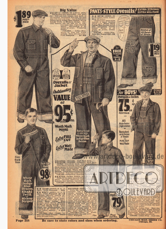 Arbeitsanzüge, Overalls und Arbeitshosen aus Jeansstoff (Denim) und Khaki für Jungen und Männer. Auffällig sind verstärkten Nähte und die vielen praktischen Taschen.