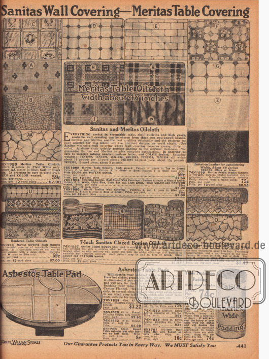 „Sanitas Wandbeläge – Meritas Tischdecken“ (engl. „Sanitas Wall Covering – Meritas Table Covering“).
Wandbeläge, Bordüren, Tischdecken und Tischüberzüge aus wasserabweisendem und leicht abwaschbarem Öl-, Wachstuch und Wachsleinwand für die Küche. Im unteren Seitenbereich werden Tischauflagen aus Asbest und Tischpolsterung zur Geräuschminimierung verkauft.