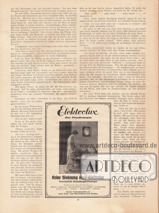 Artikel:
Ernst, Otto, Der Karthäuser. Skizze von Otto Ernst.
Werbung:
„Elektrolux. Der Staubsauger. Keine Wohnung ohne Elektrolux – Vorteilhafte Anschaffungsbedingungen“.
