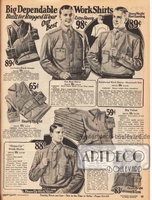 Langlebige Arbeitshemden mit Brusttaschen und verstärkten Nähten aus schwarzem Satin, schwerem, blauem Chambray, schwerem Khaki-Jeansstoff oder mittelschwerem, gemustertem Baumwollgewebe.