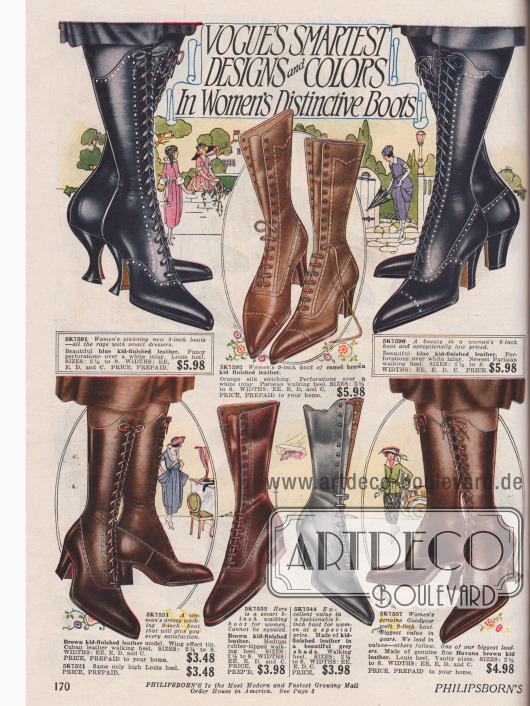 Hoch geschlossene Damenschnürstiefel aus blauem, braunem oder grauen Ziegenleder und teils mit Gummisohle. Die Absätze sind im geschwungenen Louis XIV Stil oder werden als sogenannter „Parisian walking heel“ (Kubanische Absätze) an die Frau gebracht.